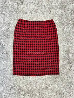 Vintage Liz Claiborne Collection 100% Wool Pencil Skirt Red Black Check Size 10